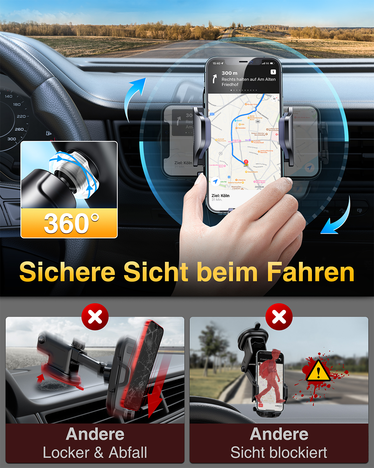 TORRAS Handyhalterung Auto Lüftung & Saugnapf, 3 in 1 Universale Kfz  Handyhalterung 360° Drehbar Autohalterung Handy Halterung für Auto  Smartphone